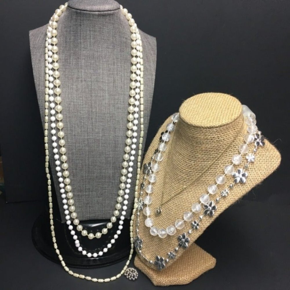 Clear Pearl White Necklace Lot Silver Plastic Flower Rhinestone Gold Silver Ring